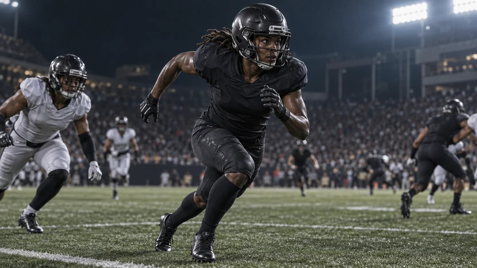 American football receiver accelerating off the line under floodlights.