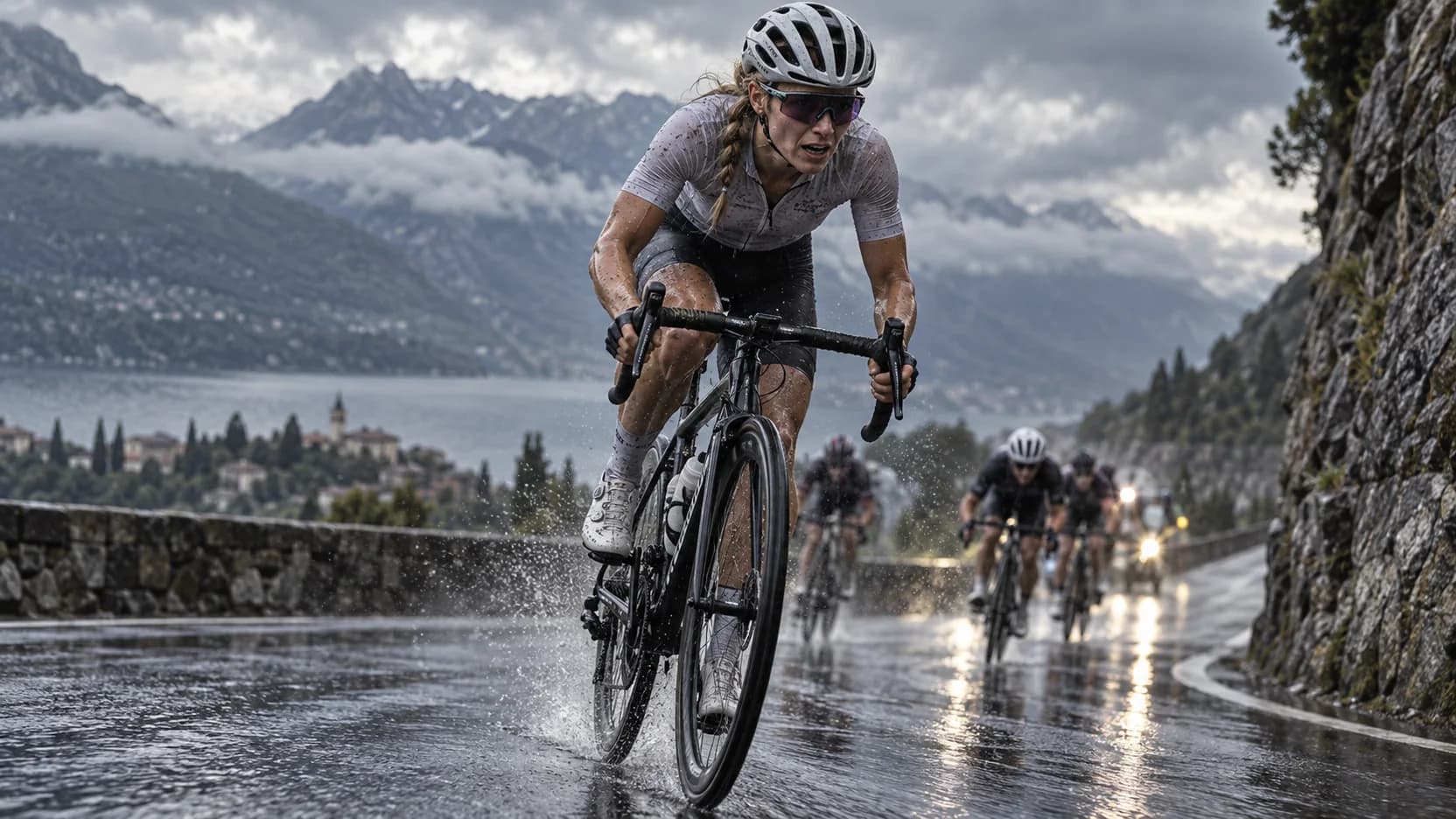 Road cyclist accelerating along a wet mountain road.