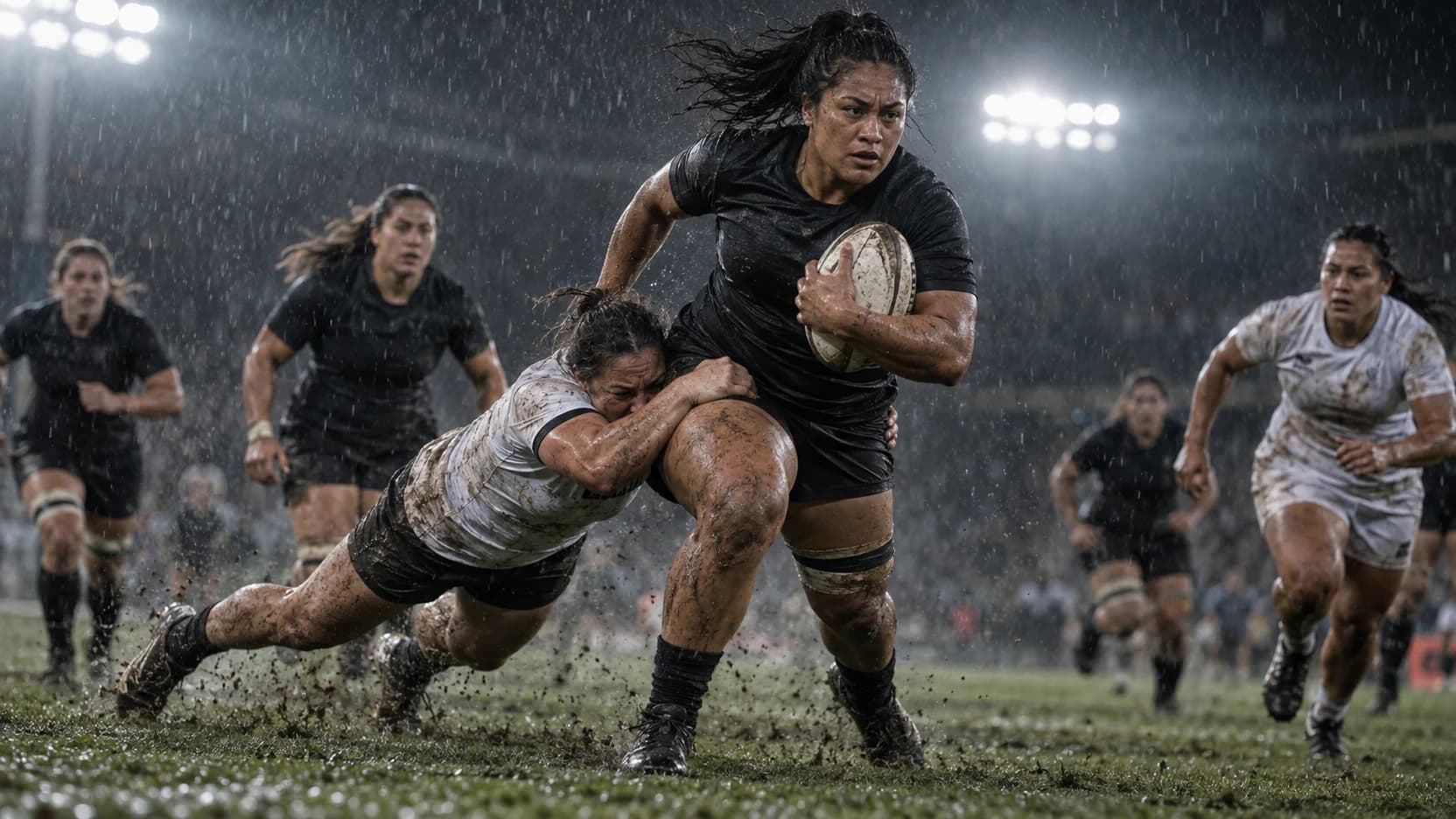 Rugby ball carrier powering through contact in the rain.
