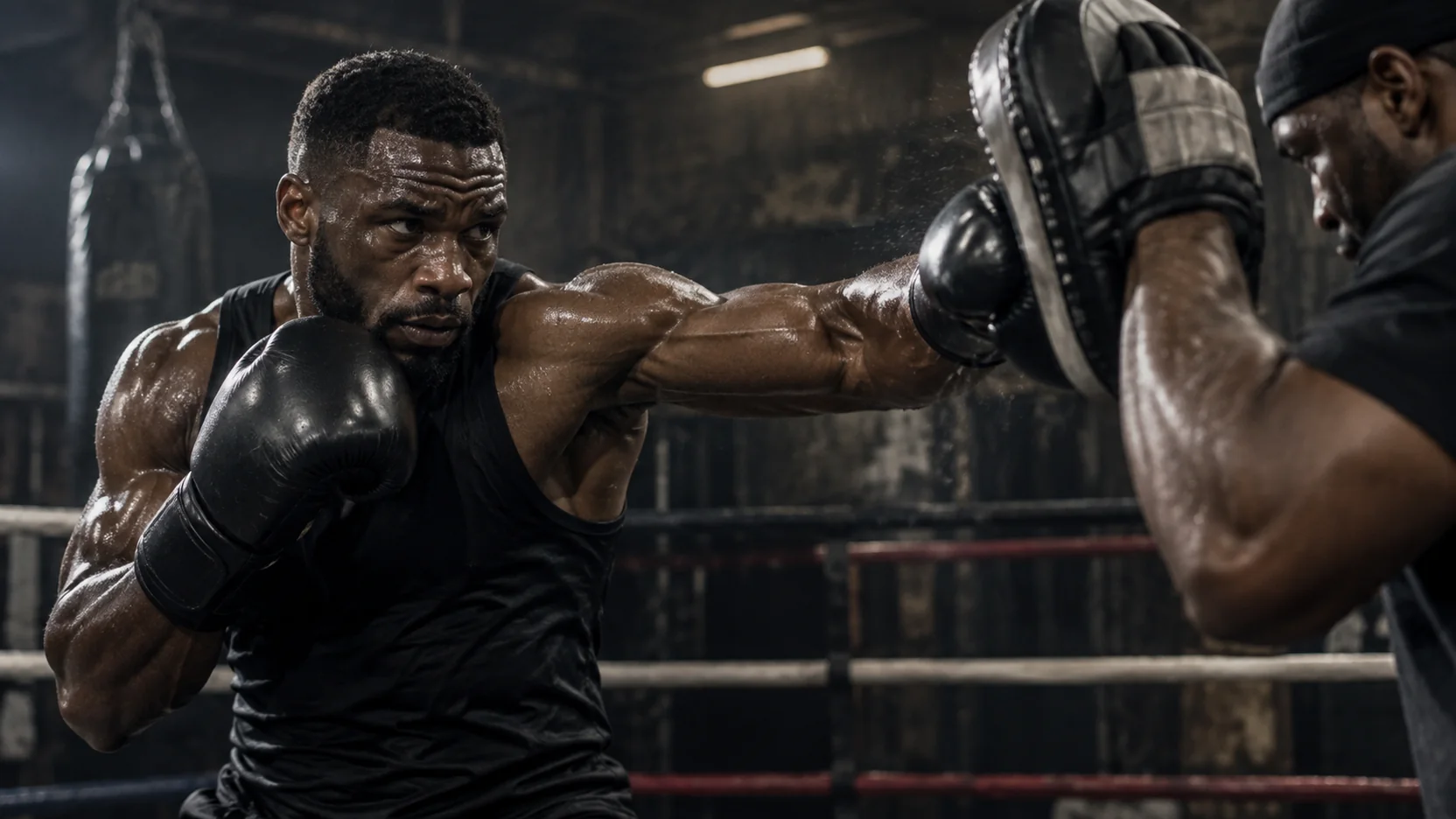 Boxer training with a coach in a gym.