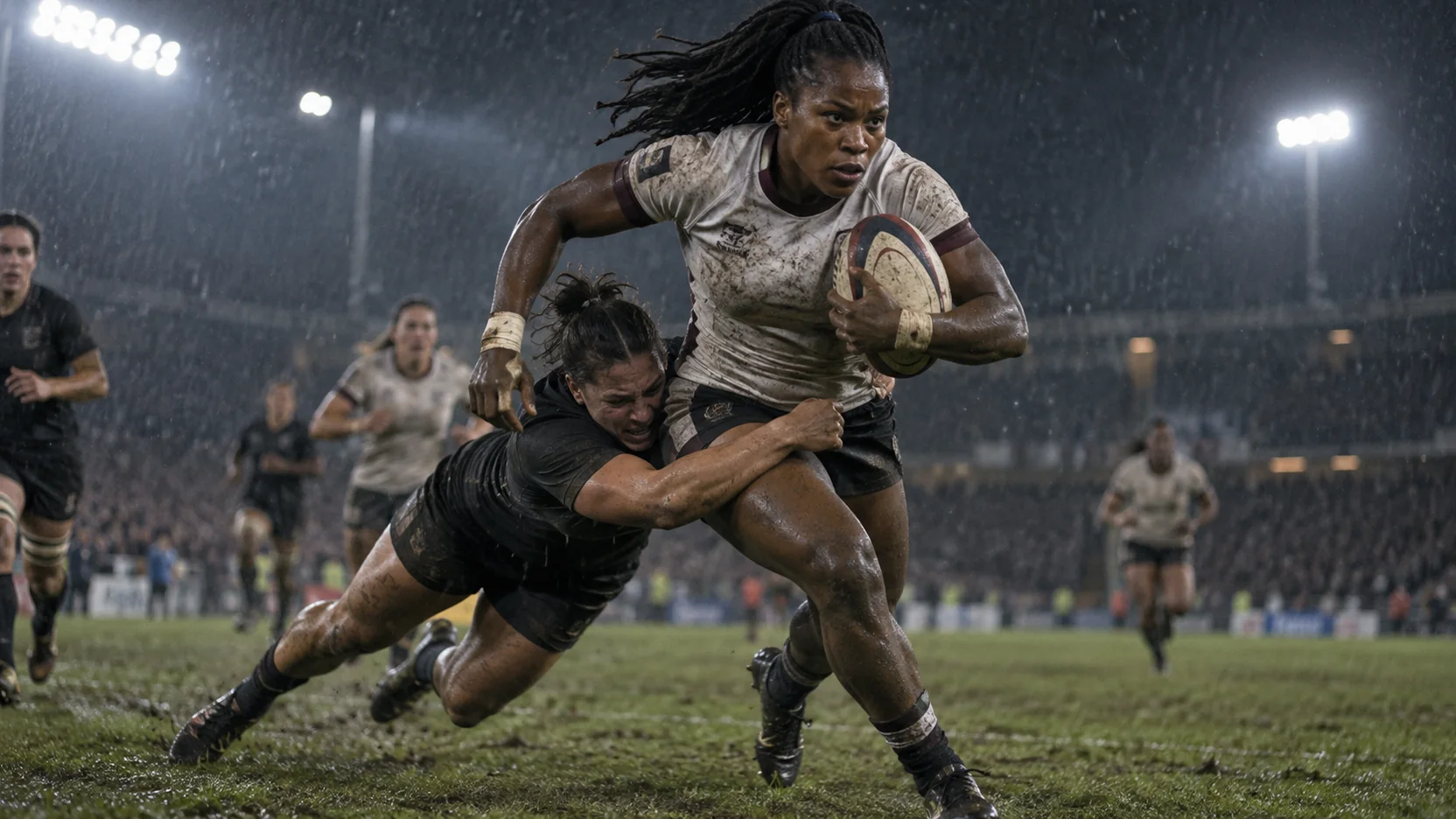 Rugby wing breaking a tackle on wet turf.